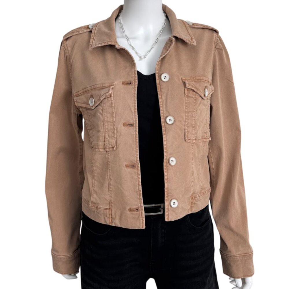 PAIGE Pacey Cropped Trucker Denim Jacket Tan Utility Western Button Front L